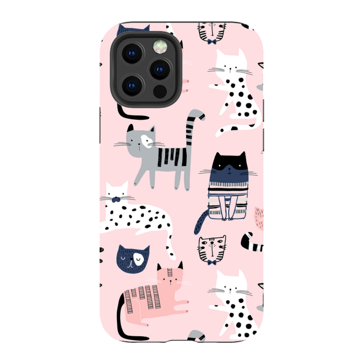 iPhone tough case with a playful pink background featuring a repeating pattern of colorful, illustrated cats.