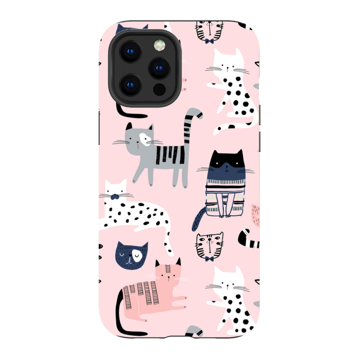 iPhone tough case with a pink background featuring a playful pattern of illustrated cats in various styles and colors.