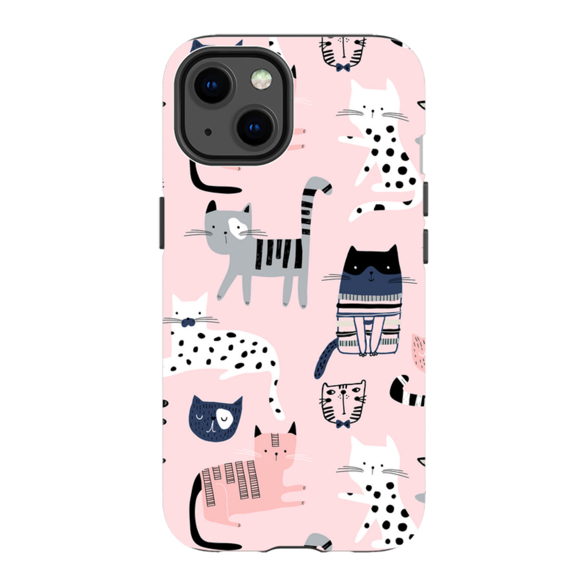 iPhone tough case with a playful pink background featuring a repeating pattern of colorful, illustrated cats.