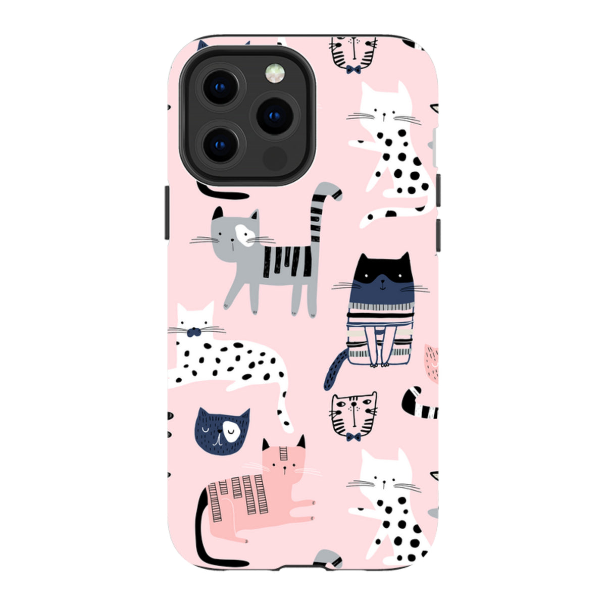 iPhone tough case with a cute cat pattern on a light pink background, featuring dual-layer protection and precise cutouts.