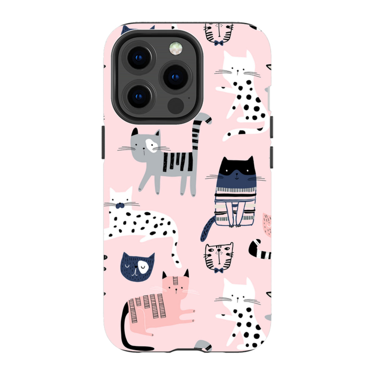 Dual-layer iPhone tough case featuring a playful pink pattern of various illustrated cats in black, white, and grey.