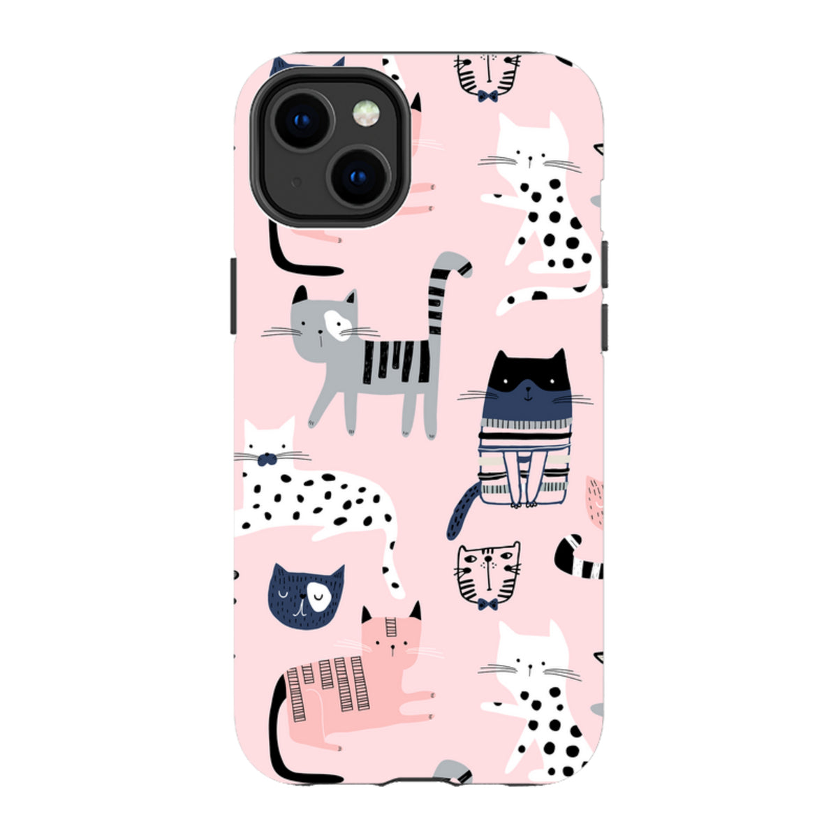 iPhone tough case with a pink background and a playful pattern of illustrated cats in various colors and styles.