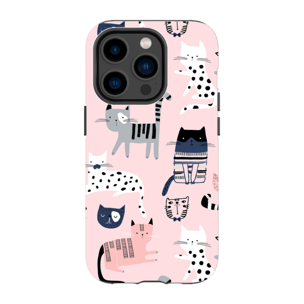 iPhone tough case with a playful pink pattern of illustrated cats in various styles, colors, and poses.