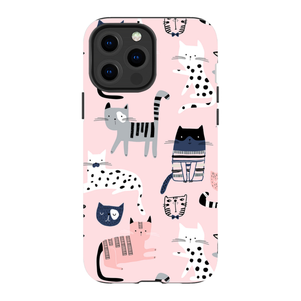 iPhone Tough Case in light pink with a playful, multi-colored cat pattern and durable dual-layer protective shell.