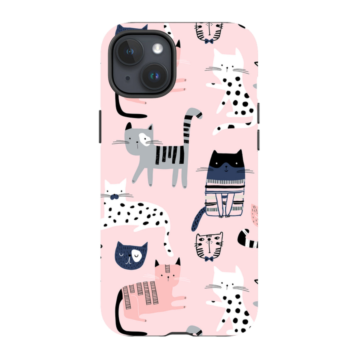 iPhone tough case with a playful pink background featuring a repeating pattern of colorful, illustrated cats.