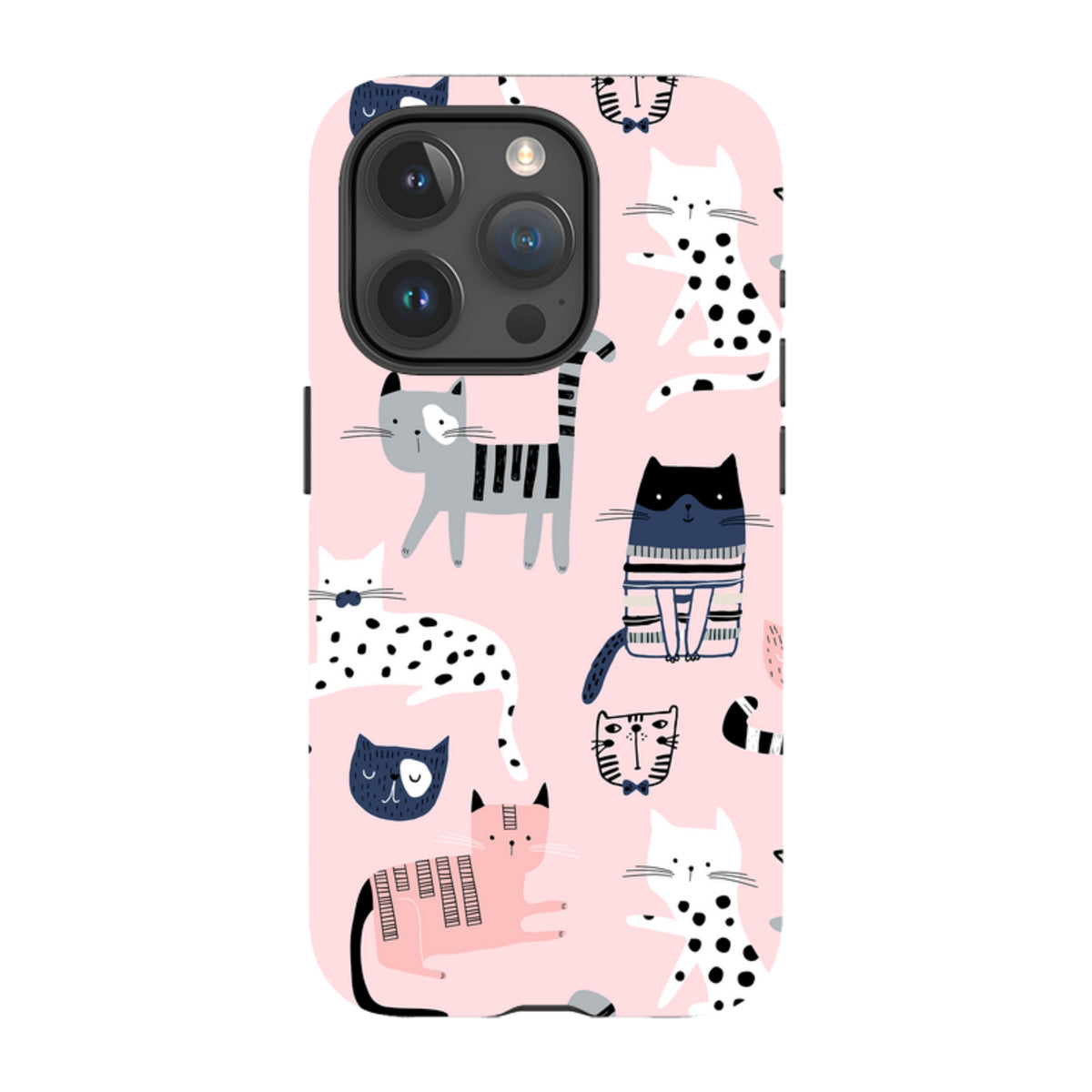 iPhone tough case with a light pink background and a playful pattern of illustrated cats in various poses and colors.