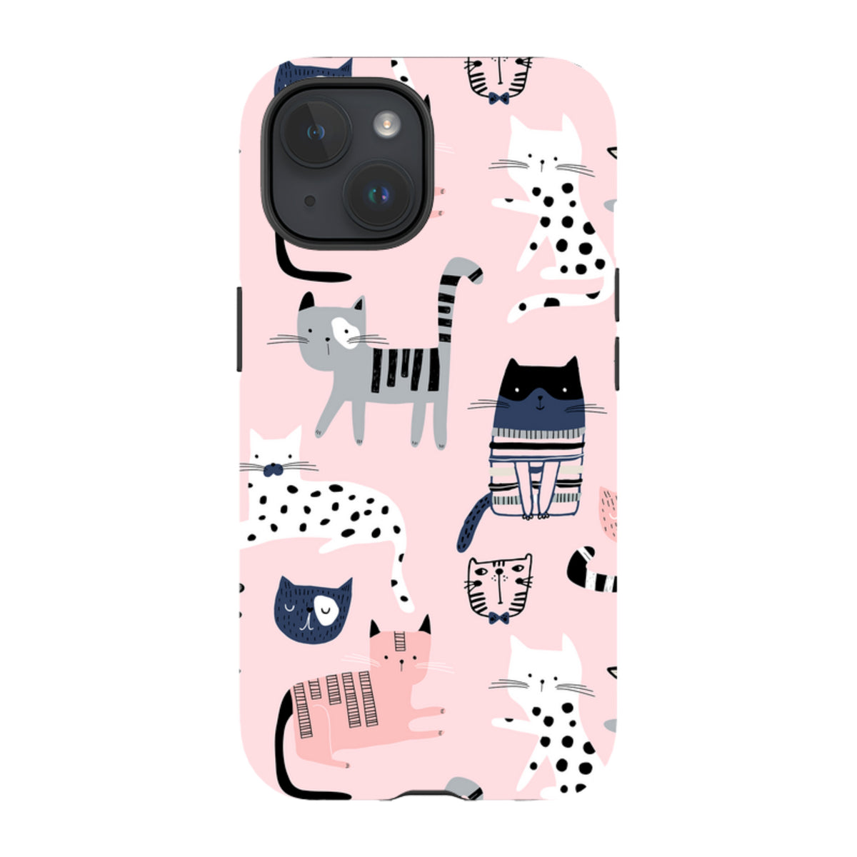 iPhone tough case with a pink background and a playful, high-definition pattern of various illustrated cats.