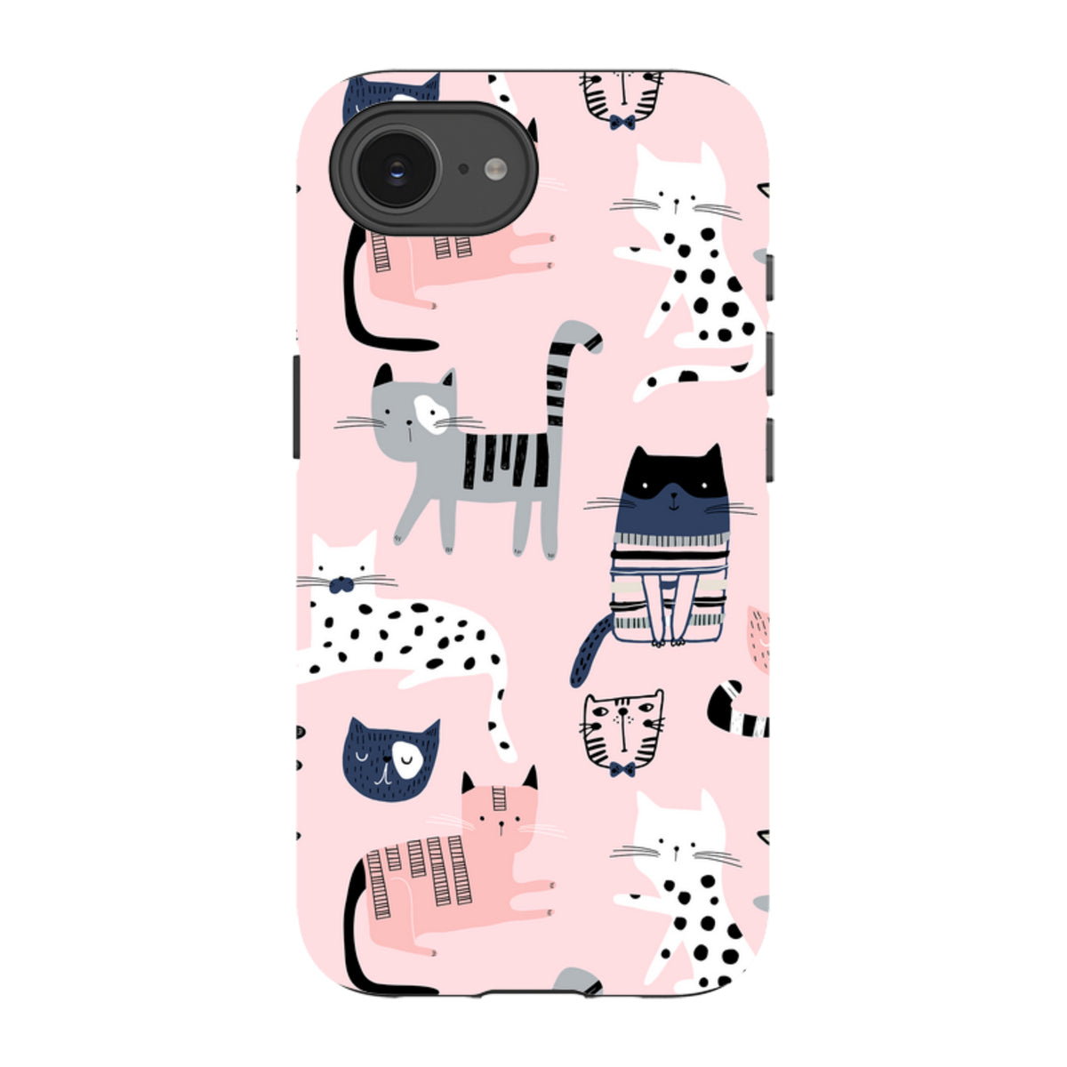 iPhone tough case with a pink background and a playful pattern of illustrated cats in various styles and colors.