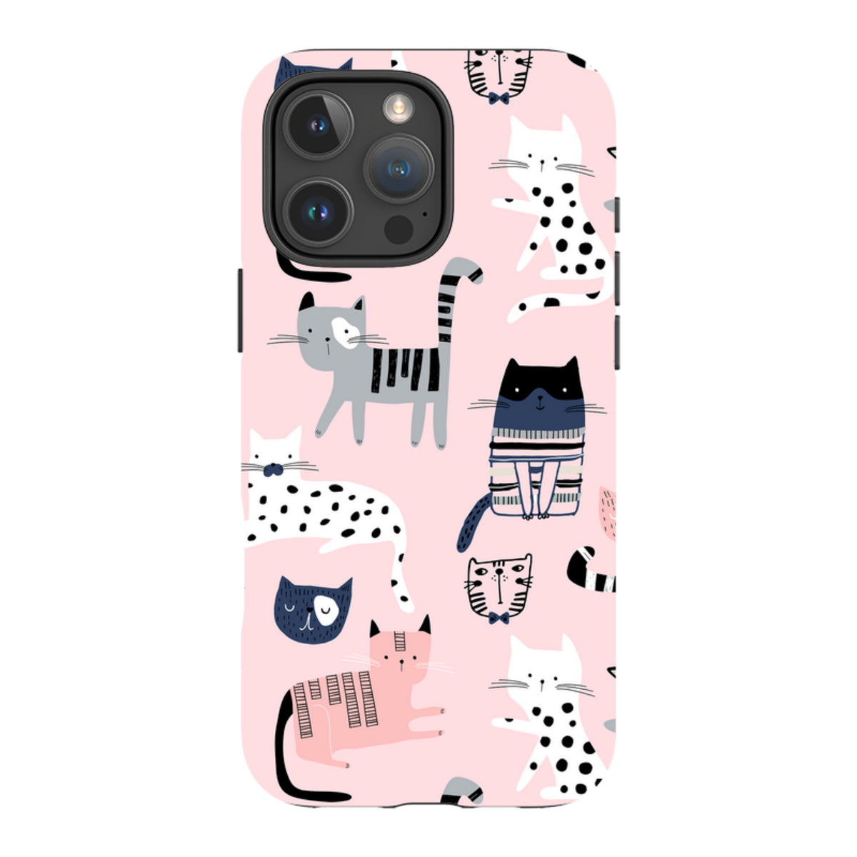 iPhone tough case with a pink background featuring a playful pattern of illustrated cats in various styles and colors.