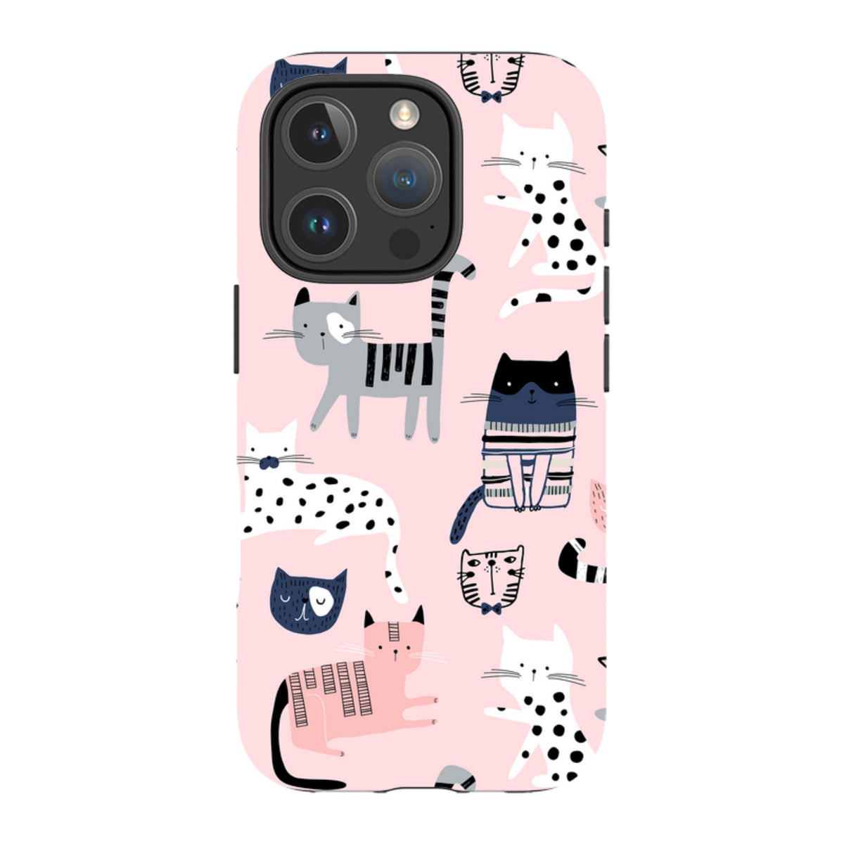 Dual-layer iPhone case with a pink background featuring a playful, high-definition pattern of various illustrated cats.