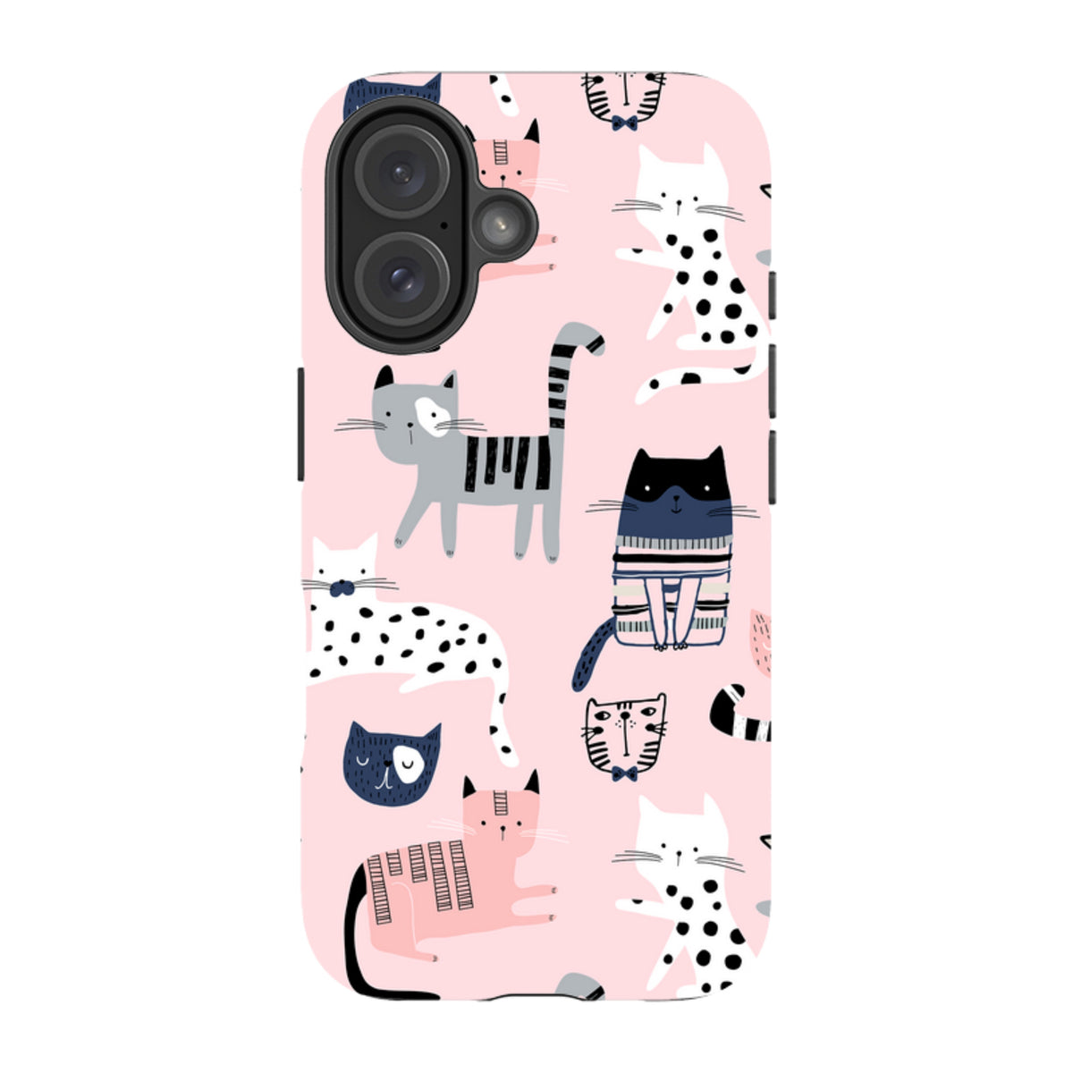 iPhone tough case with a playful pink background featuring a repeating pattern of illustrated cats in various styles.