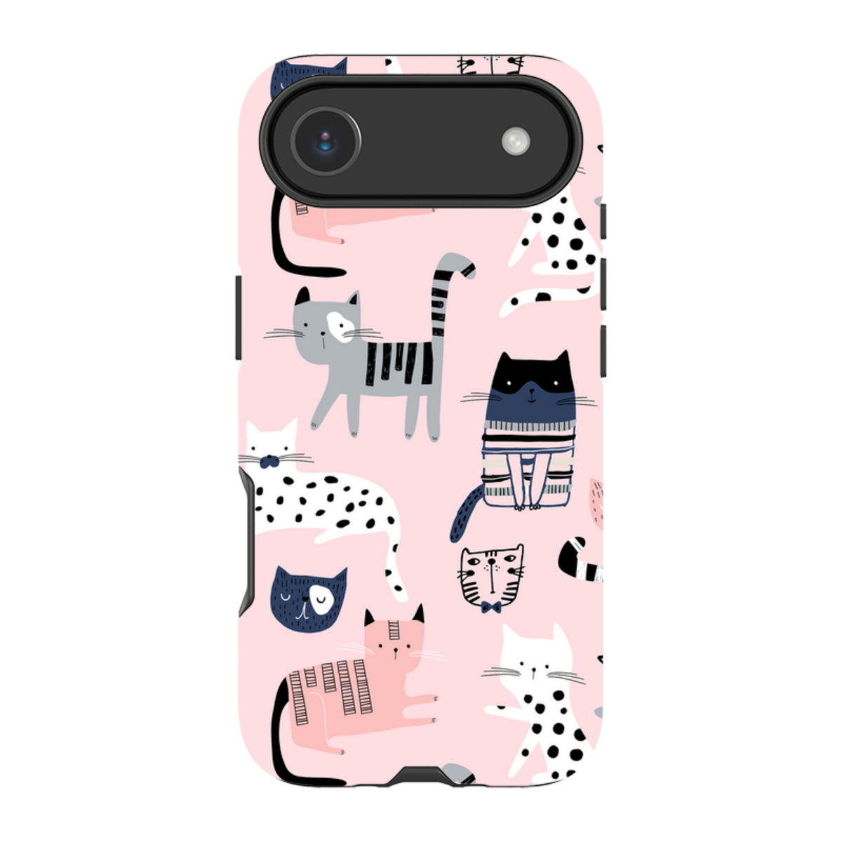 Dual-layer iPhone tough case with a playful pink background and a repeating pattern of illustrated cats in various styles.