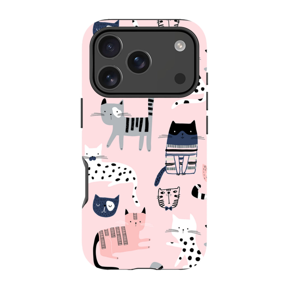 iPhone tough case with a playful pink background featuring a pattern of illustrated cats in various styles and colors.