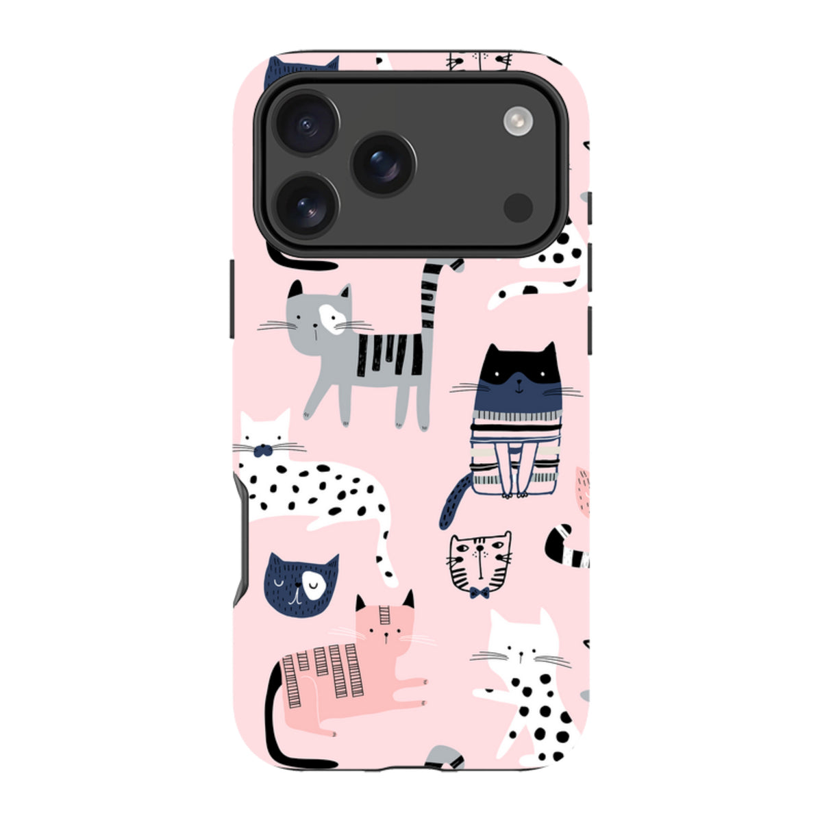 iPhone tough case with a playful pink background featuring a pattern of illustrated cats in various styles and colors.
