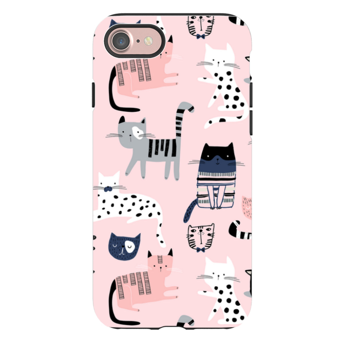 iPhone tough case with a pink background and a playful, high-definition pattern of various illustrated cats.