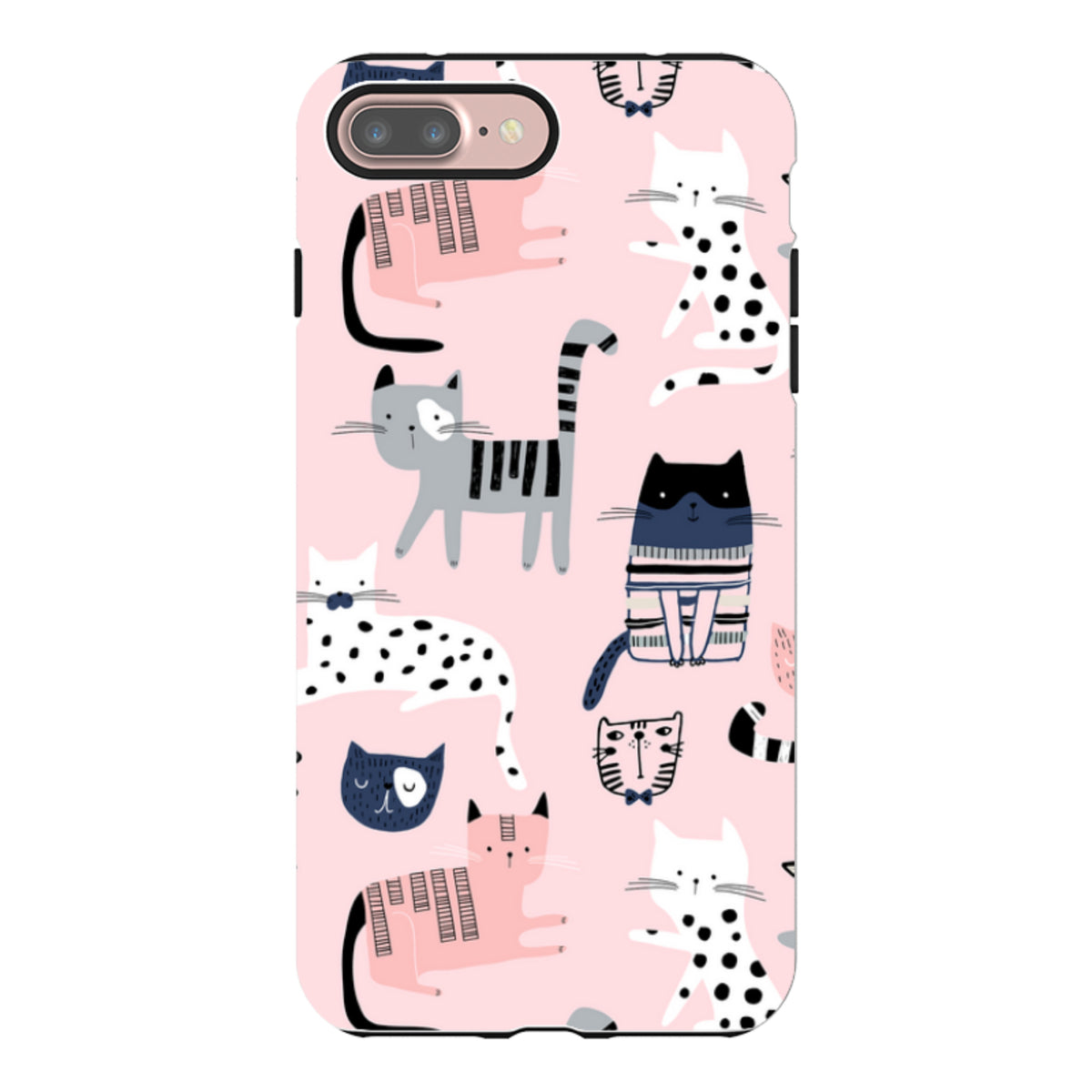 iPhone tough case with a playful pink background featuring a repeating pattern of colorful, illustrated cats.
