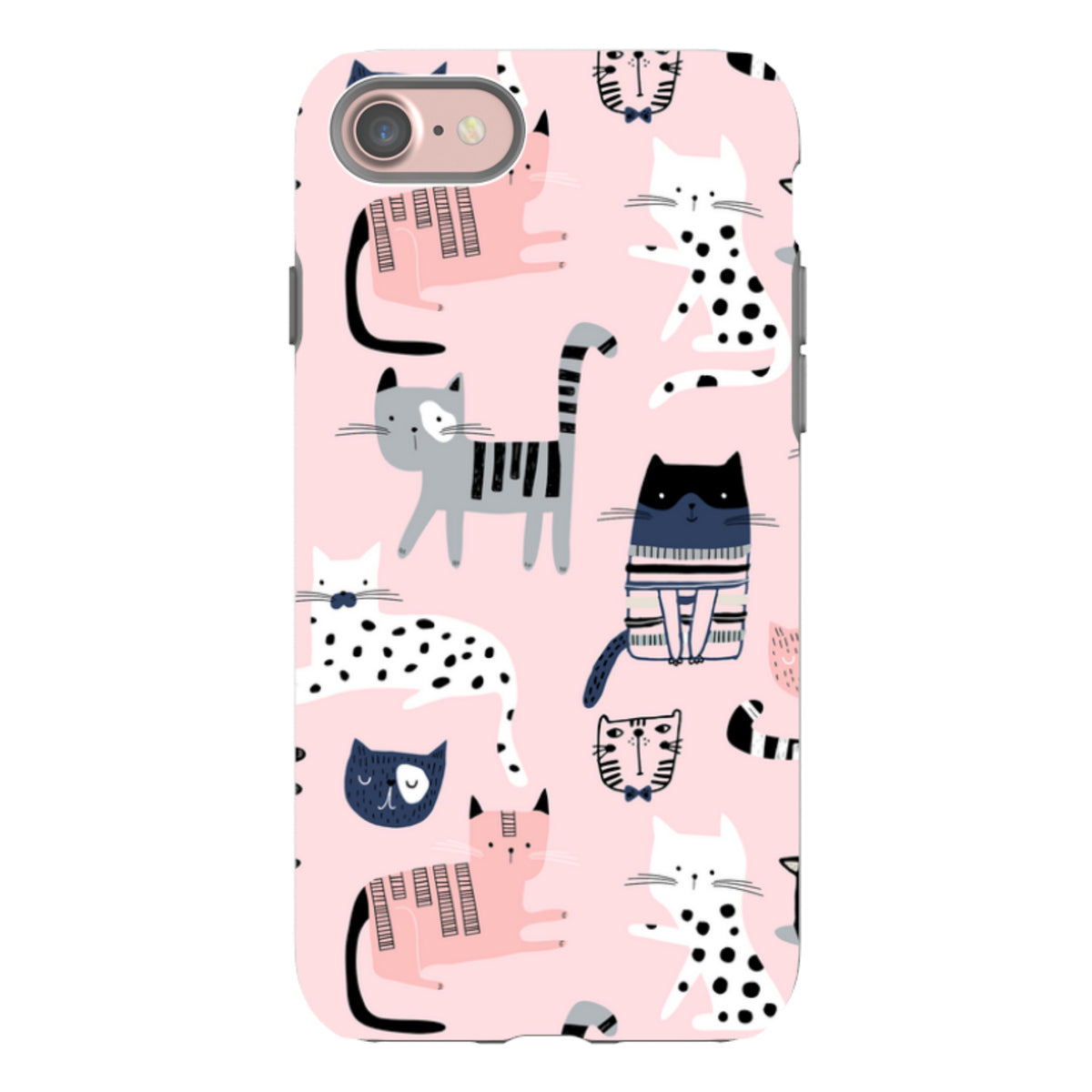 Dual-layer iPhone tough case featuring a playful pink pattern of illustrated cats in various styles and colors.