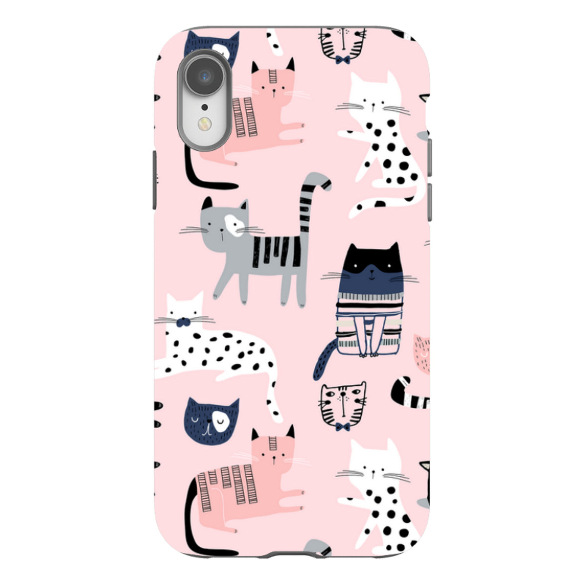 iPhone tough case with a light pink background and a playful, high-definition pattern of various illustrated cats.