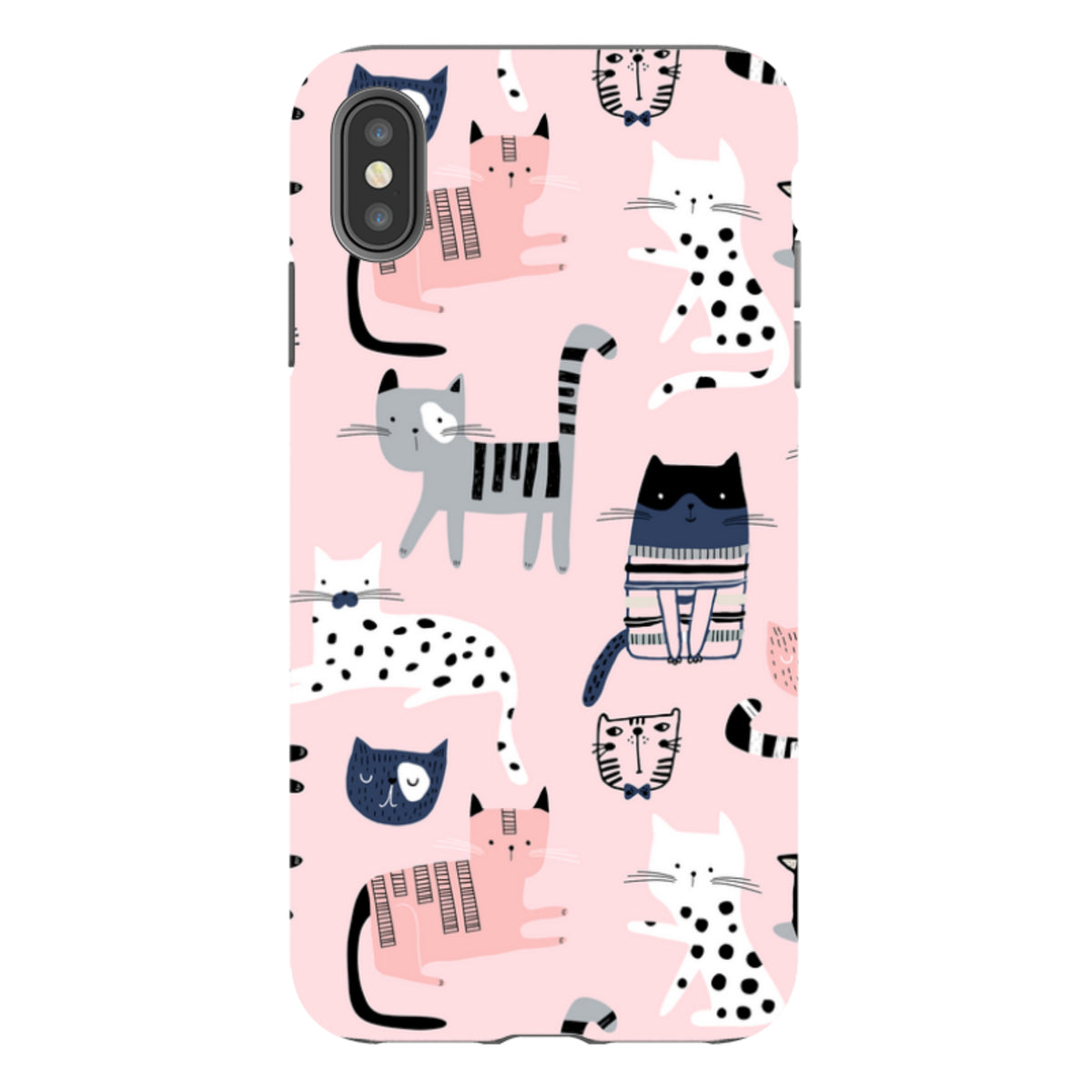 iPhone Tough Case with a playful pink pattern featuring various illustrated cats in black, white, and grey.