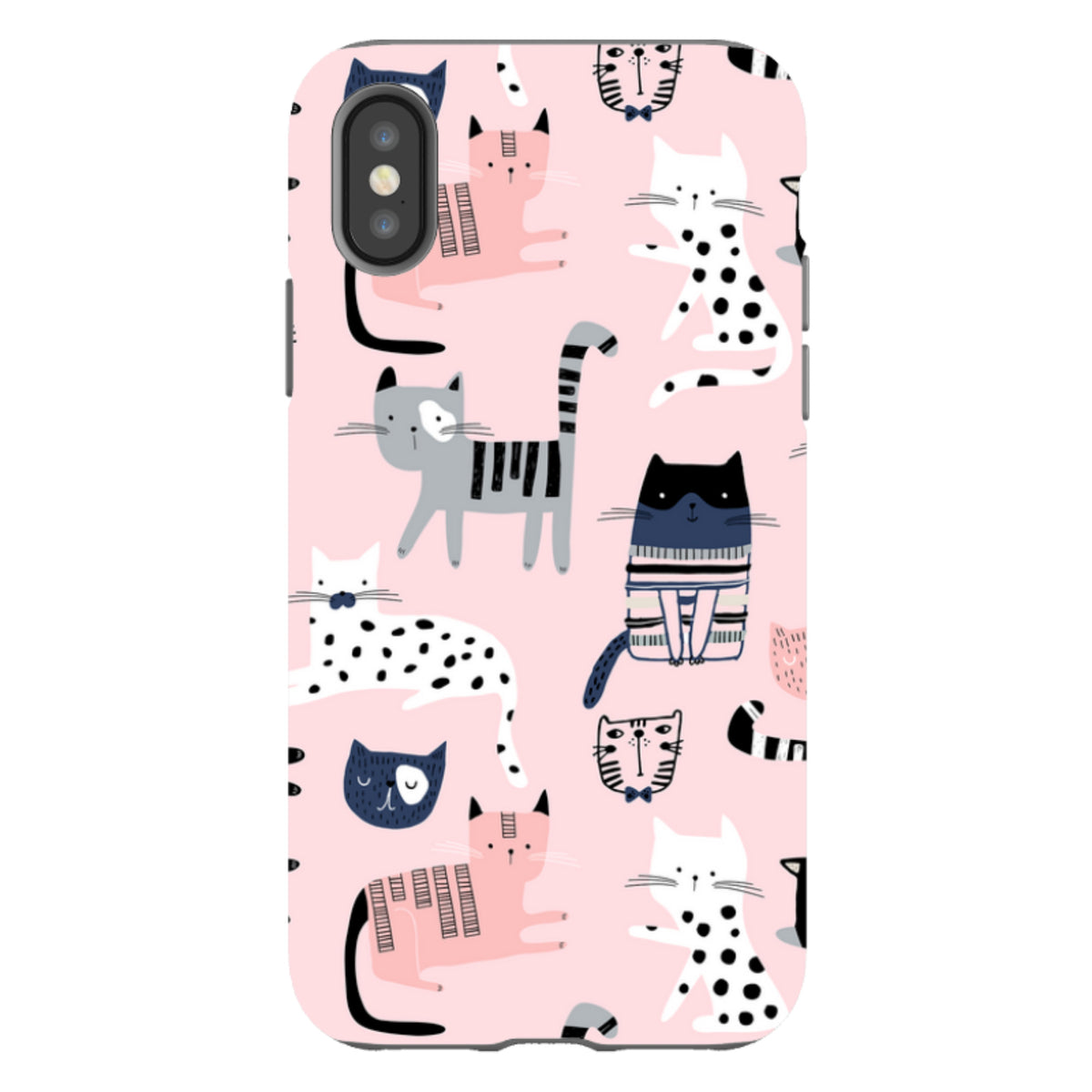 Dual-layer iPhone case in light pink with a playful, high-definition pattern of colorful illustrated cats.