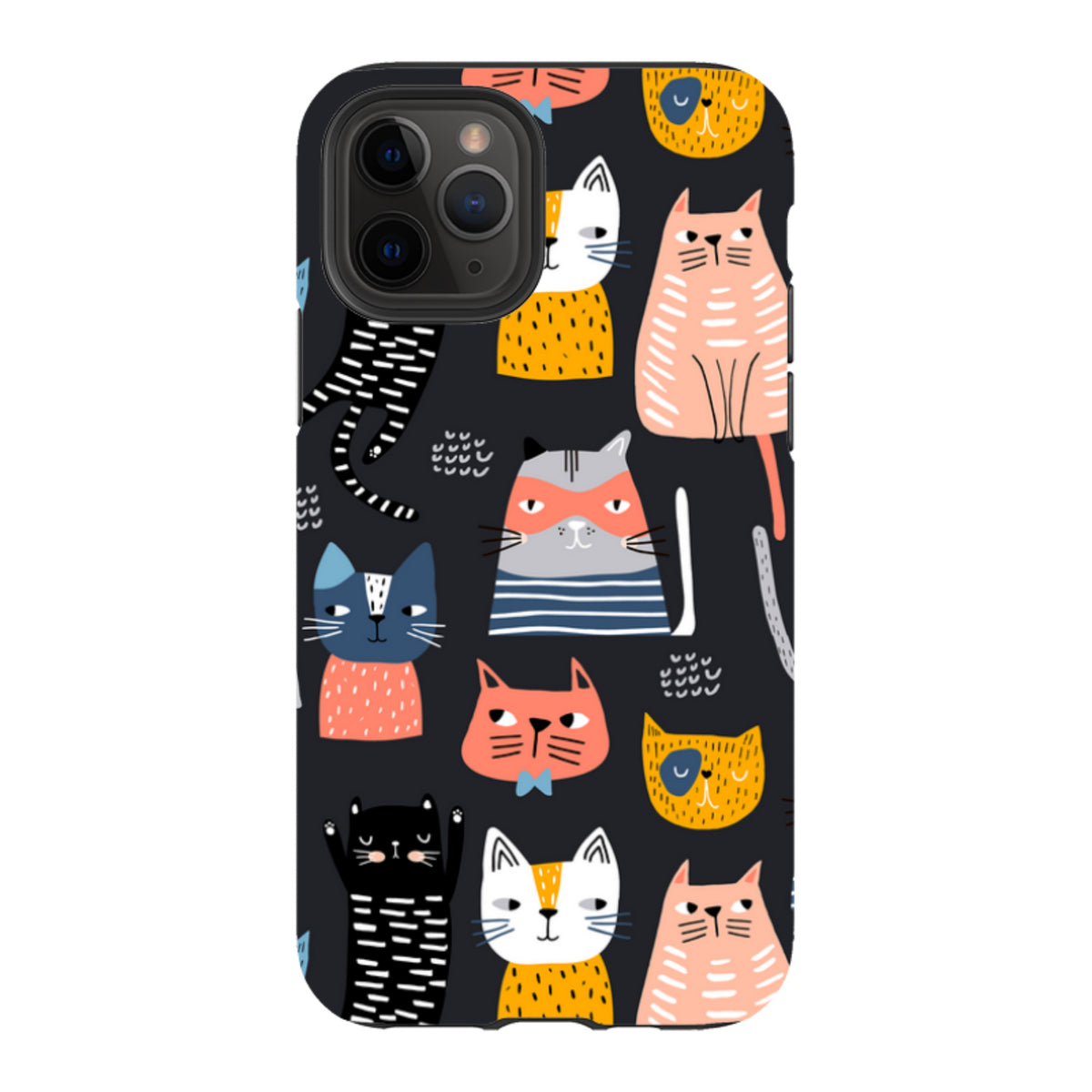 Dual-layer iPhone case with a black background and a colorful, high-definition pattern of whimsical illustrated cats.