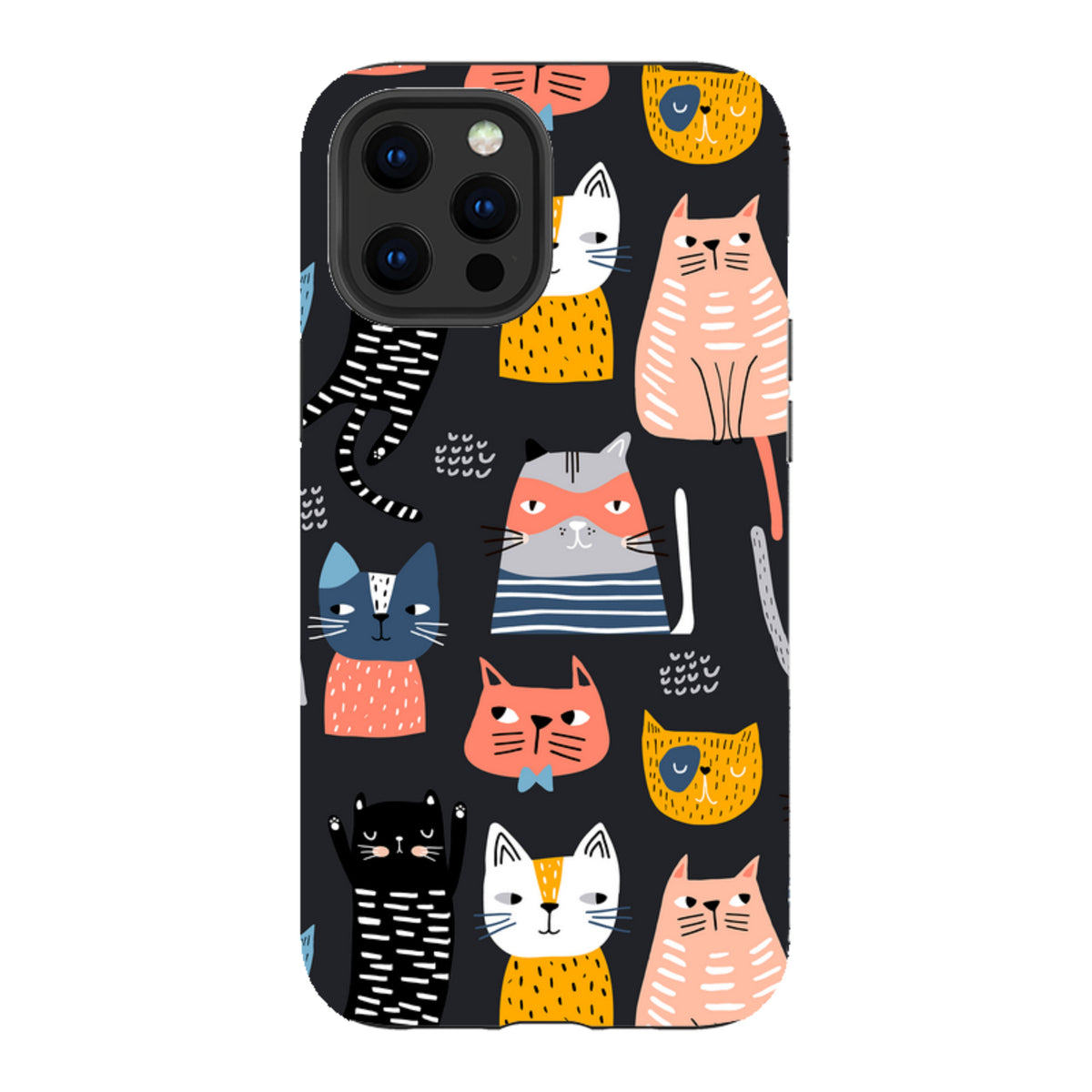 iPhone tough case with a black background and a colorful, whimsical pattern of illustrated cats in various styles.