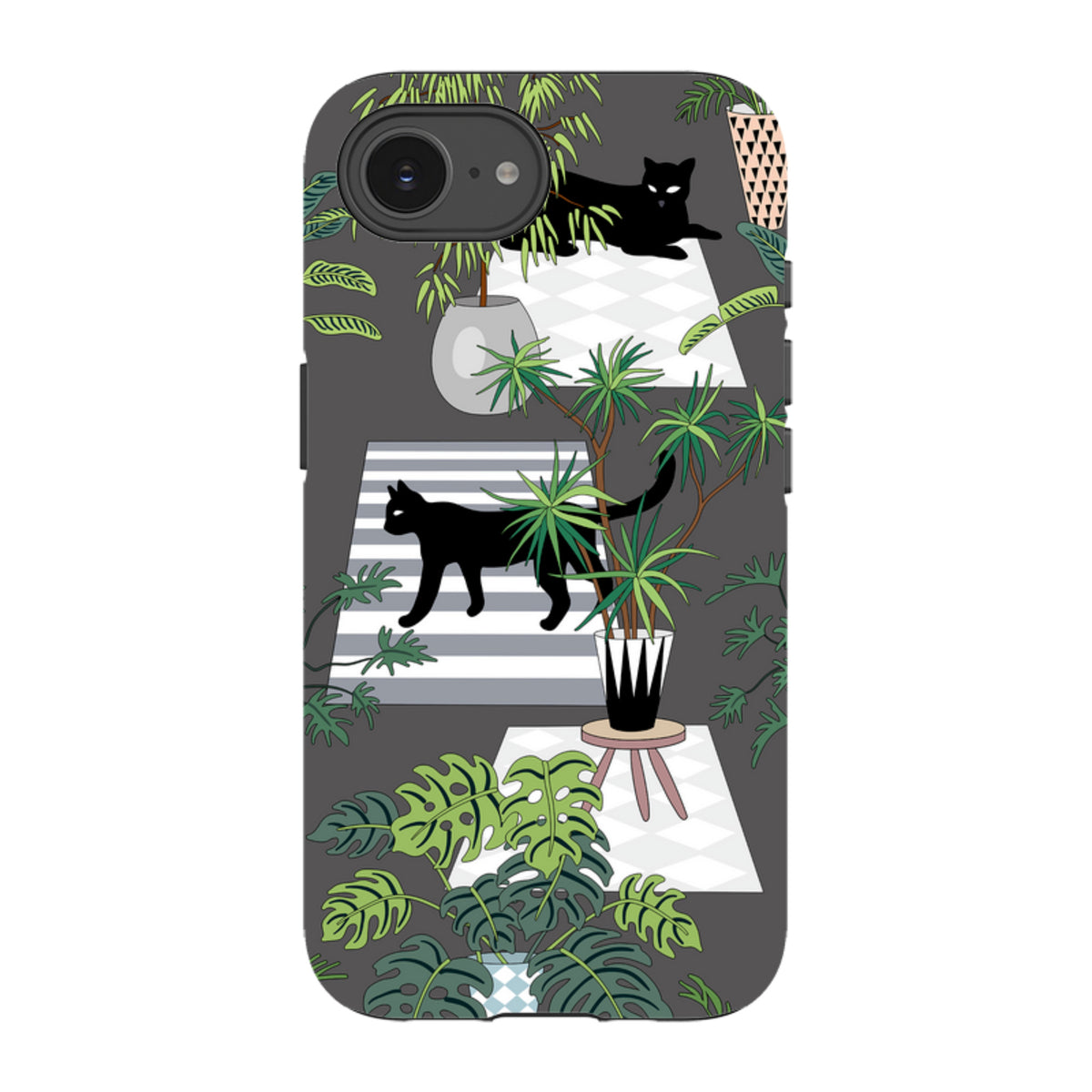 iPhone tough case with a dark gray Catfield print featuring black cats, potted houseplants, and geometric rugs.