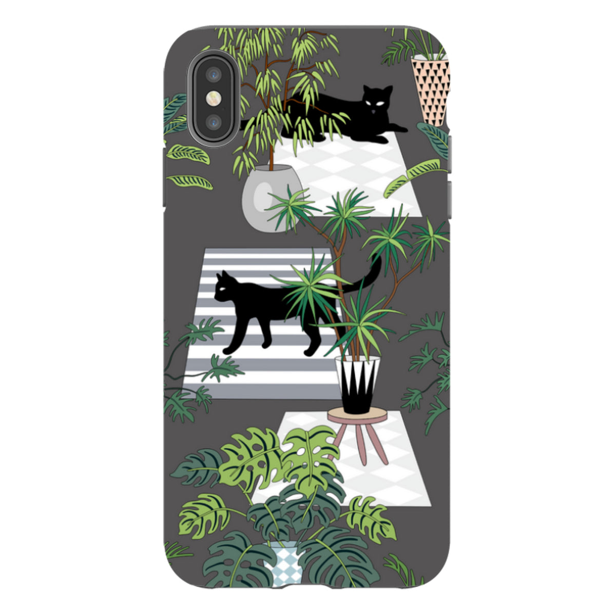 iPhone tough case featuring black cats, potted plants, and geometric rugs on a dark grey background.