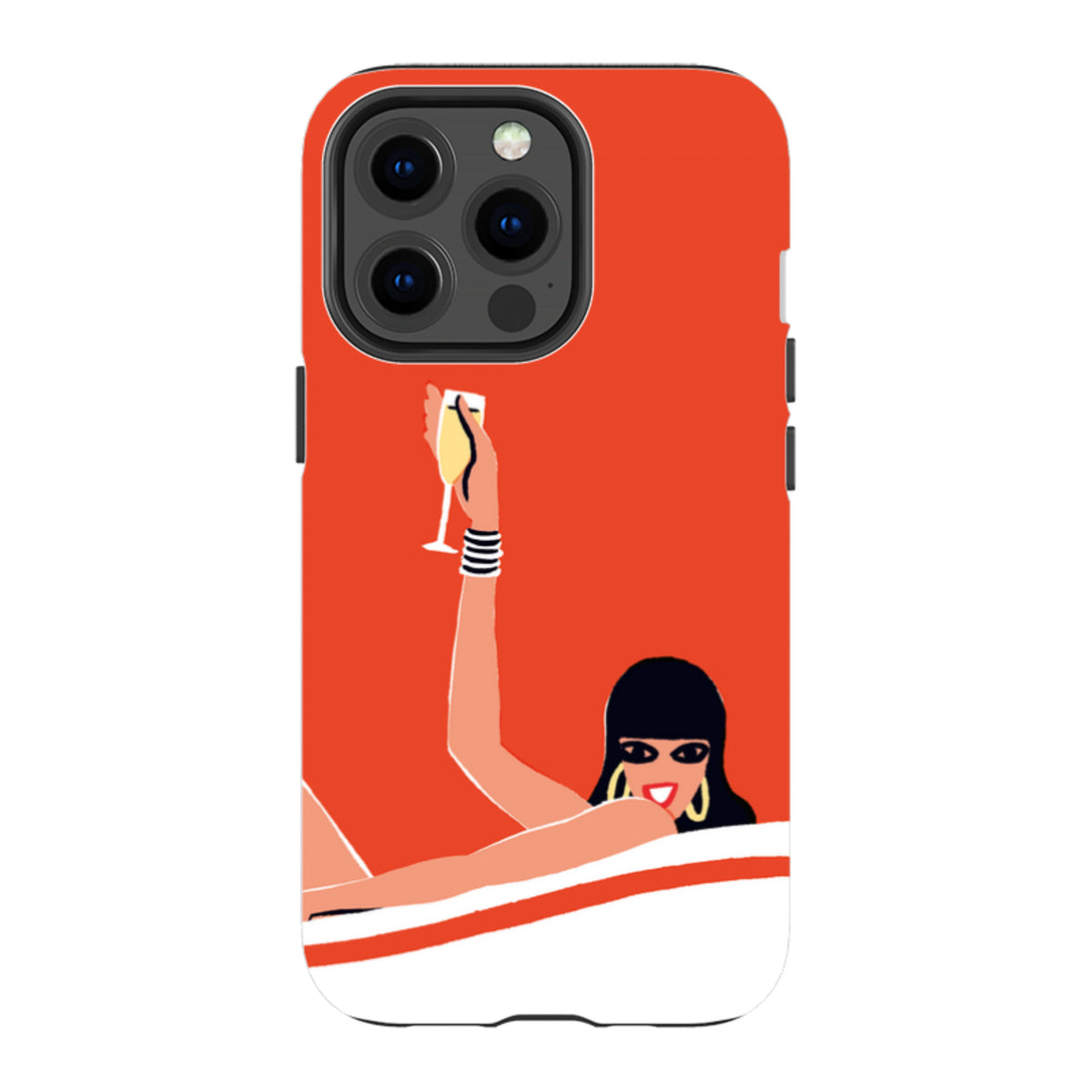 iPhone tough case featuring Paul Thurlby's champagne art with a woman on a vibrant orange background.