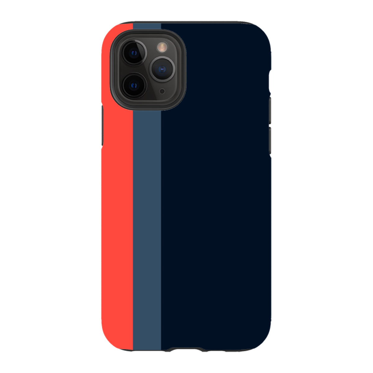 iPhone Tough Case in Chapel design featuring a dark blue base with vertical red and grey stripes and dual-layer protection.