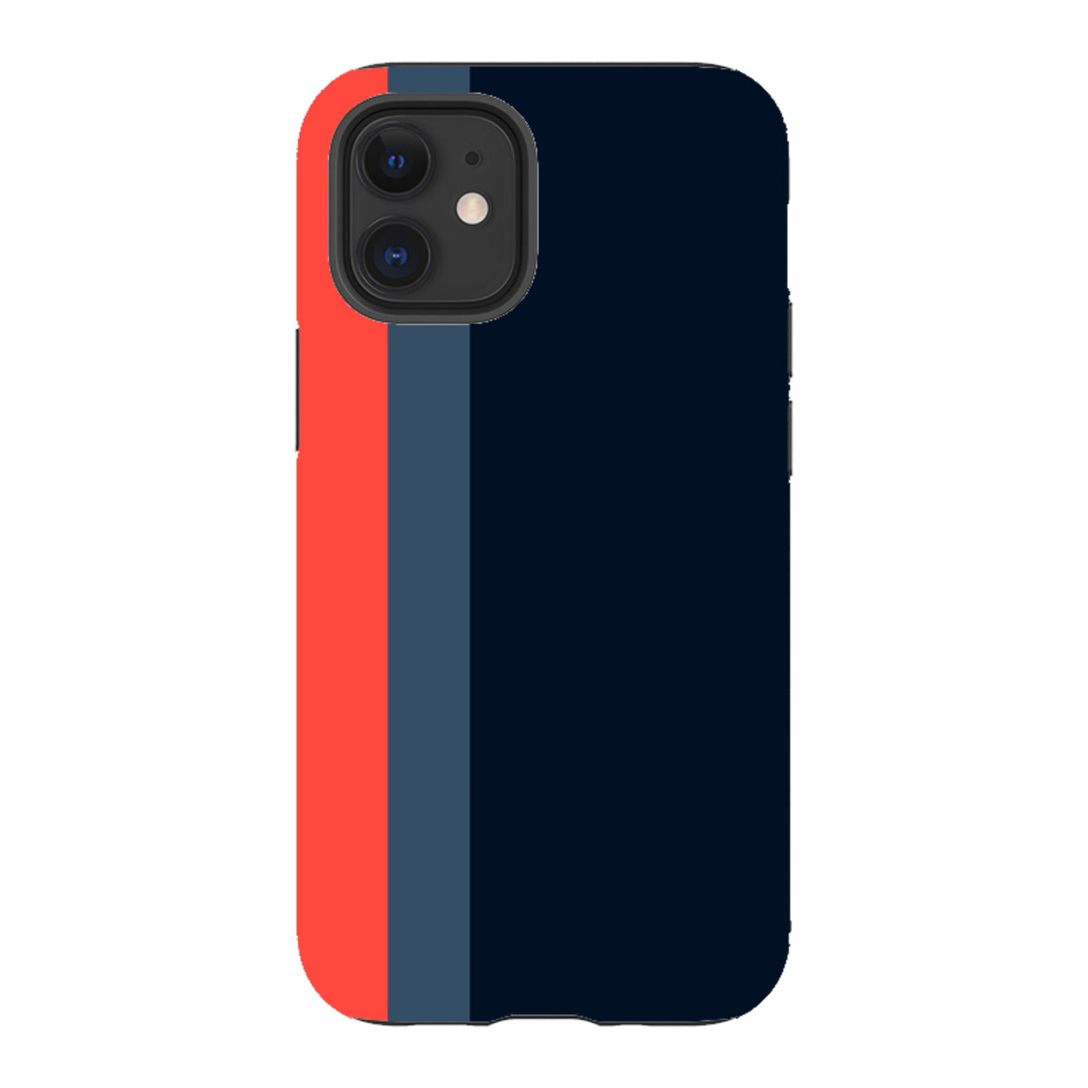 Dual-layer iPhone Tough Case in navy, slate blue, and bright red vertical stripes with a sleek, protective design.