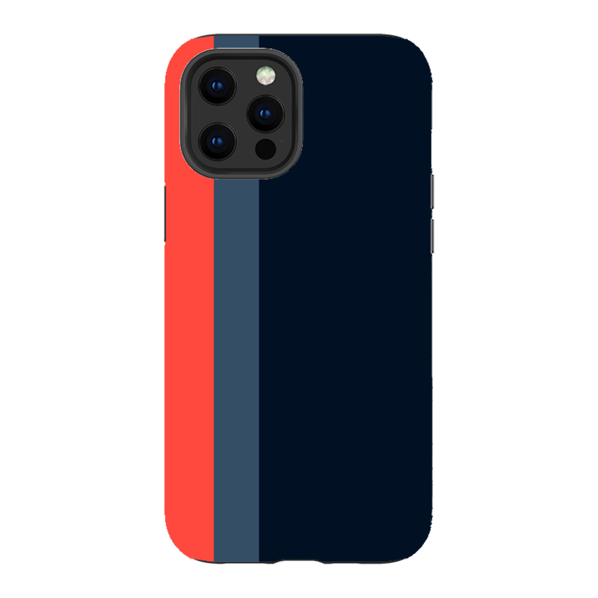 iPhone Tough Case in Chapel design featuring a navy blue back with vertical red and grey stripes and camera cutouts.