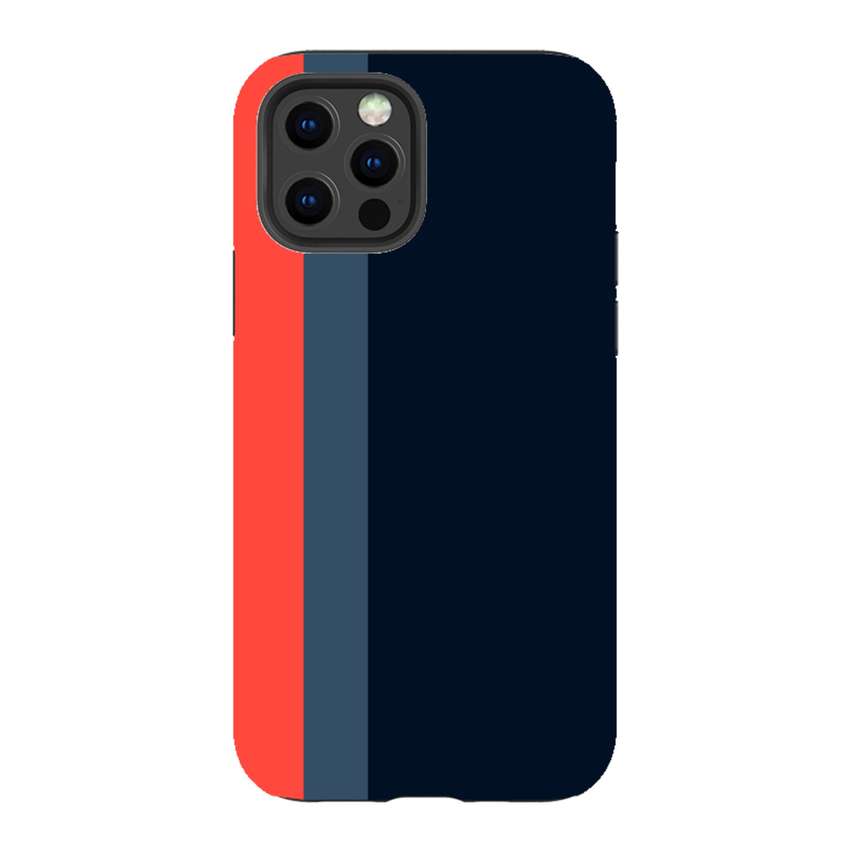 iPhone Tough Case in Chapel design featuring a dark navy body with vertical red and grey stripes and a camera cutout.