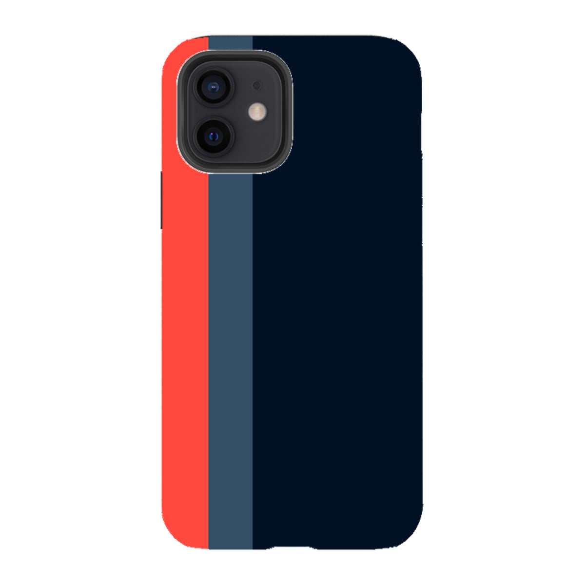 iPhone Tough Case in Chapel design featuring a navy blue, grey, and coral red vertical stripe pattern.