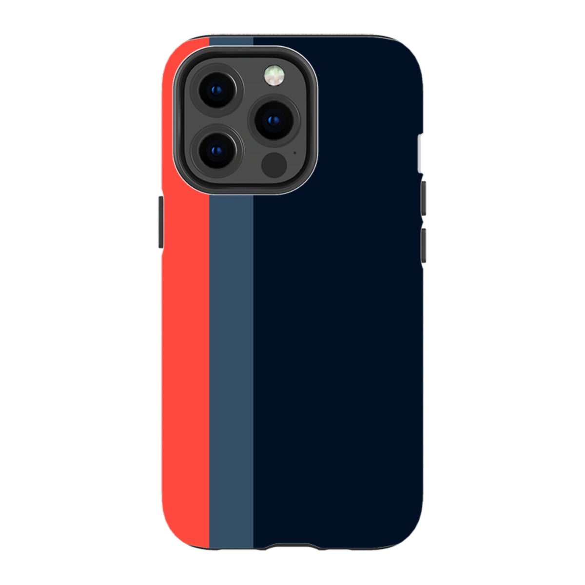 iPhone Tough Case in Chapel design featuring a dark blue, grey, and red vertical stripe pattern with dual-layer protection.