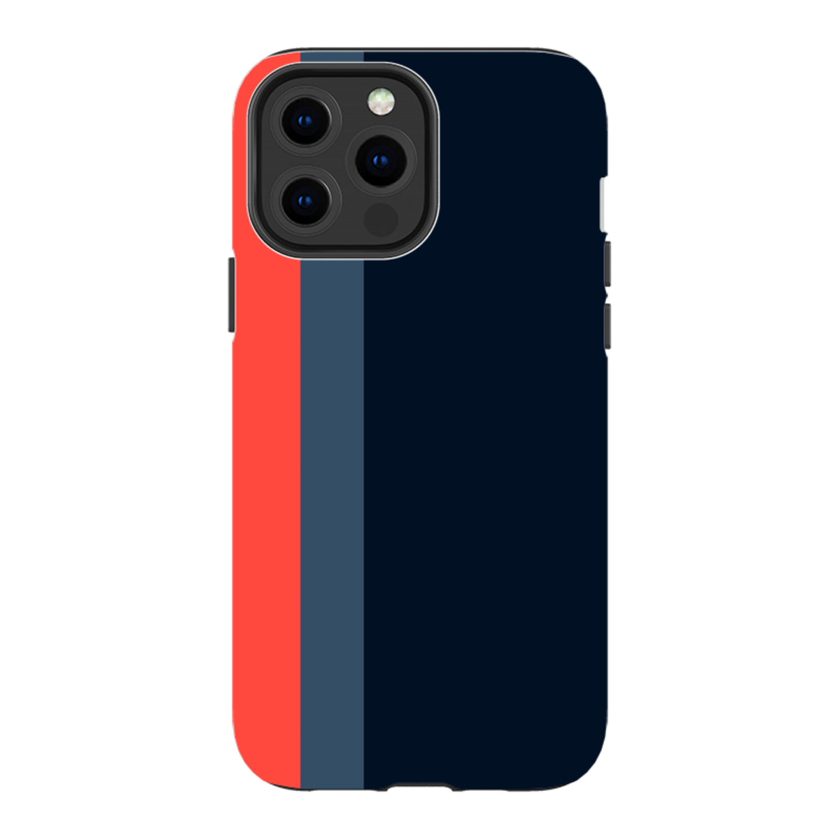 iPhone Tough Case in Chapel design featuring a navy, slate blue, and red vertical stripe pattern with dual-layer protection.