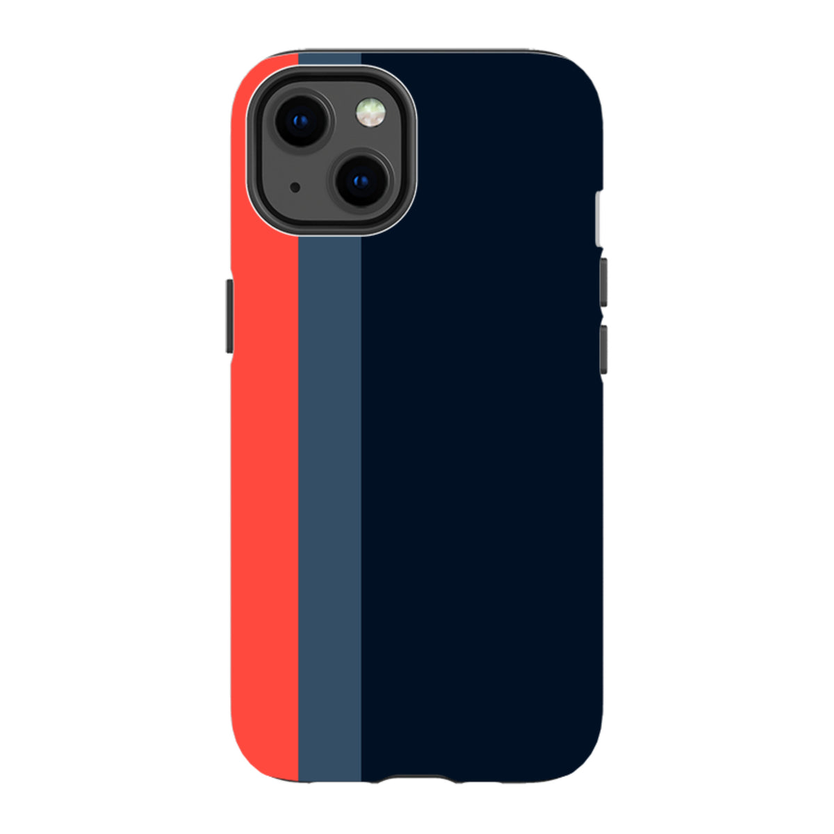 iPhone Tough Case in Chapel design featuring a navy, slate blue, and bright orange vertical striped pattern.