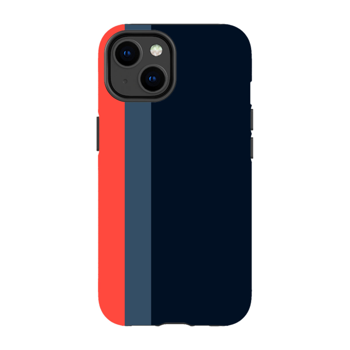 Dual-layer iPhone Tough Case in navy blue with a vertical red and grey stripe design and raised camera protection.