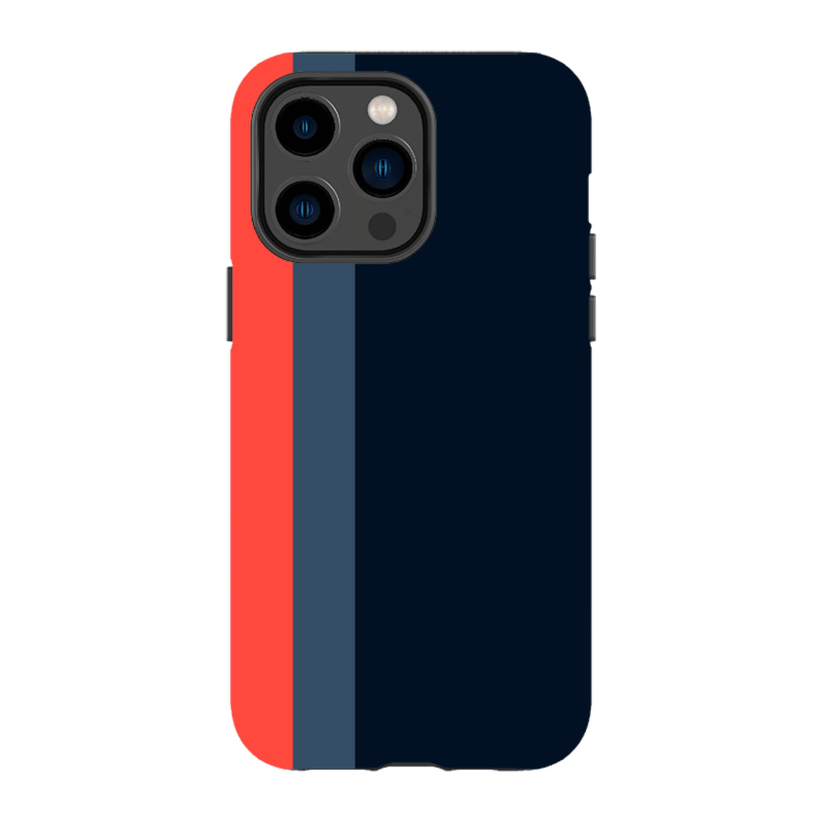 iPhone Tough Case in Chapel design featuring a dark blue, grey, and red vertical stripe pattern with dual-layer protection.