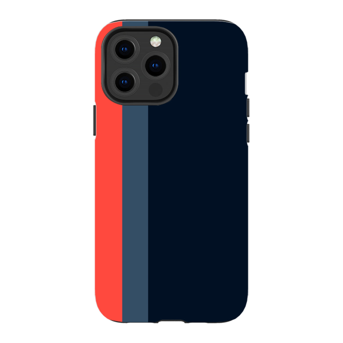 iPhone Tough Case in Chapel design featuring a dark blue, grey, and red vertical stripe pattern with dual-layer protection.
