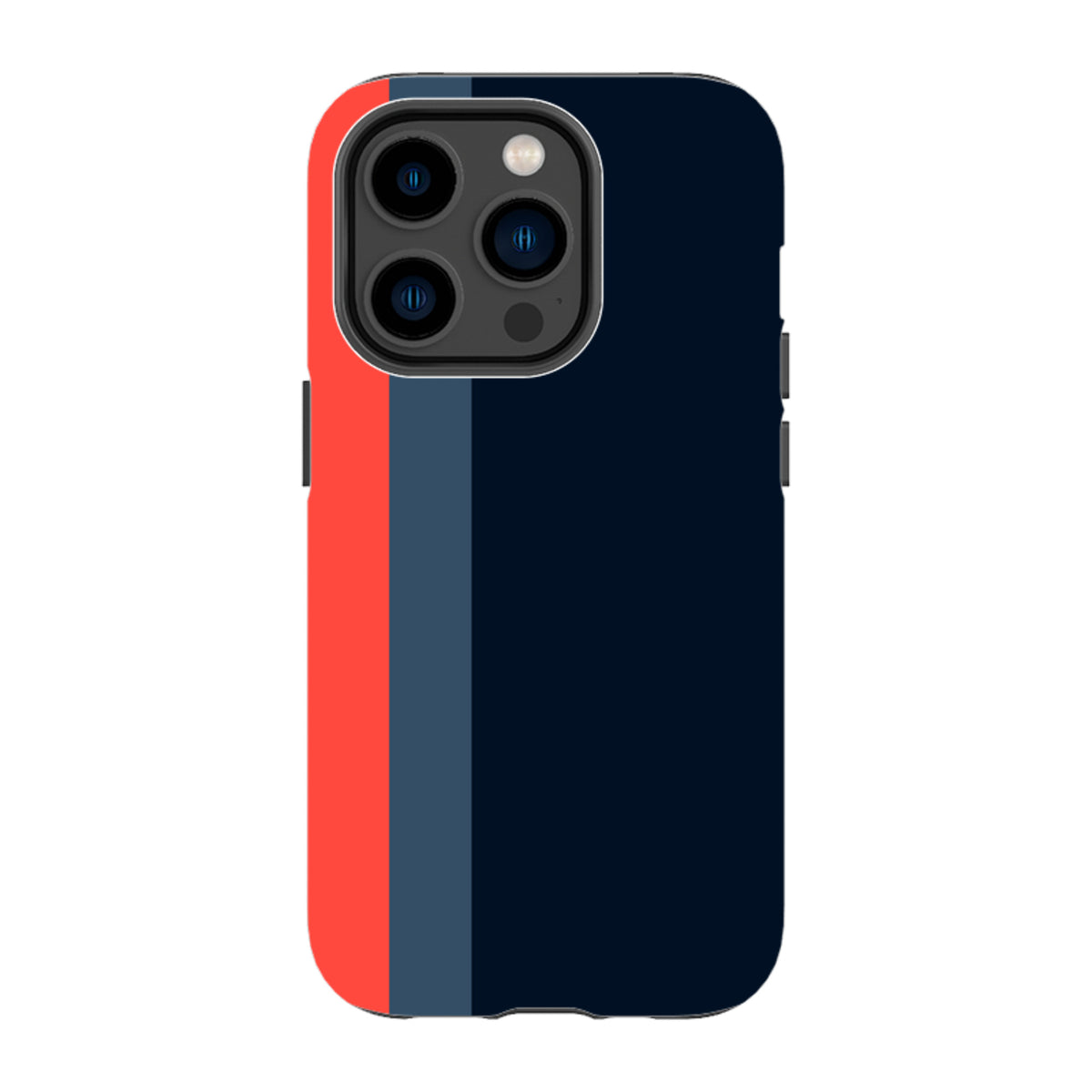 iPhone Tough Case in Chapel design featuring a navy, slate blue, and red vertical stripe pattern with dual-layer protection.