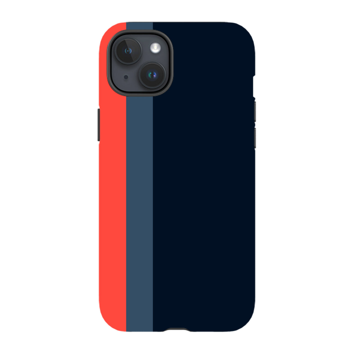 iPhone Tough Case in Chapel design featuring a navy blue, slate, and red vertical stripe pattern on a dual-layer shell.