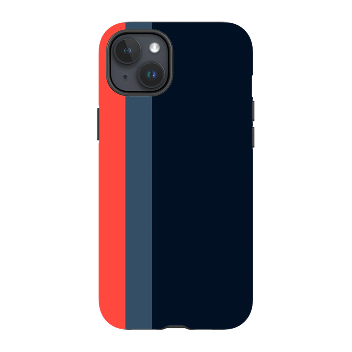 iPhone Tough Case in Chapel design featuring a dark blue base with vertical red and grey stripes and dual-layer protection.