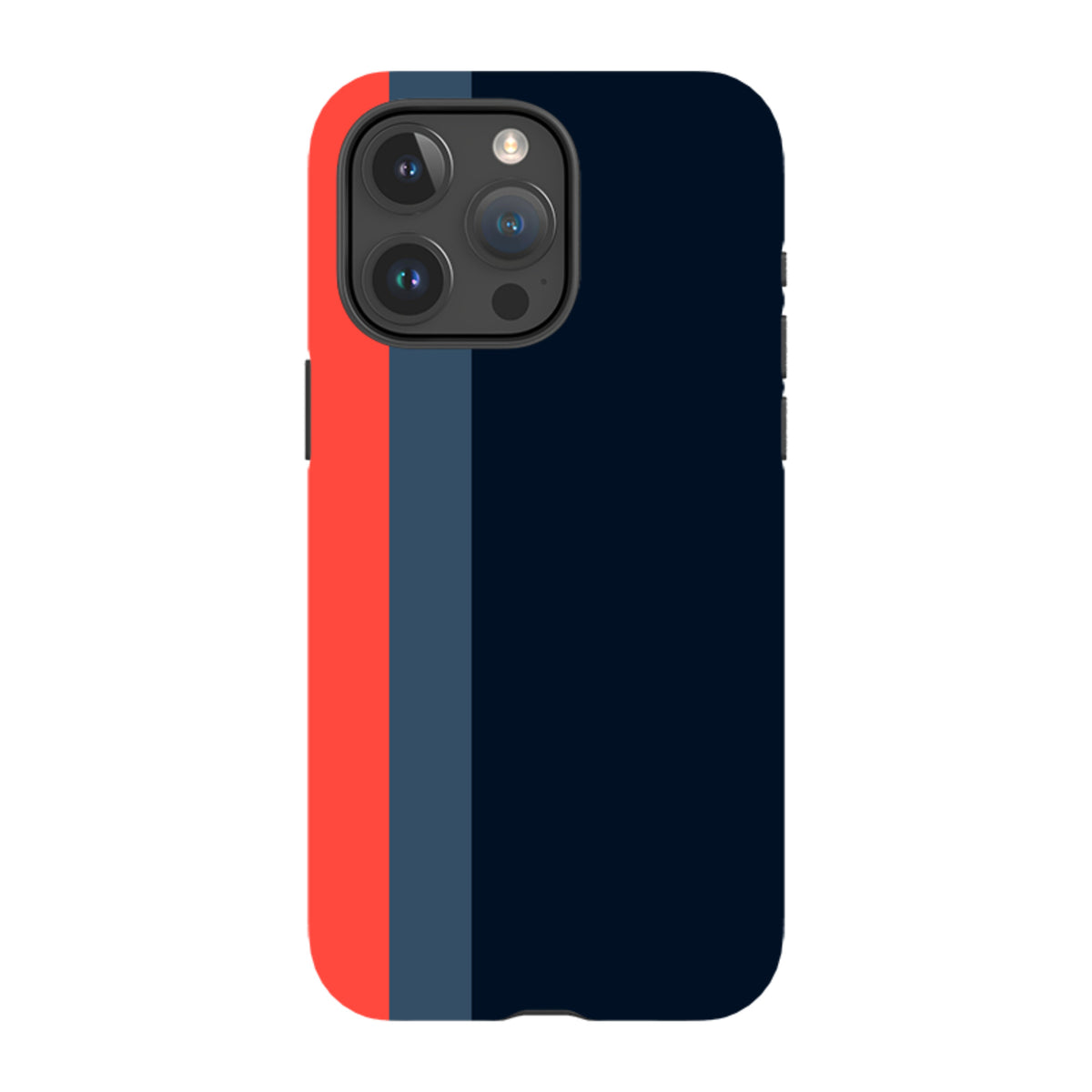 iPhone Tough Case in Chapel design featuring a navy blue, slate, and red vertical stripe pattern with dual-layer protection.