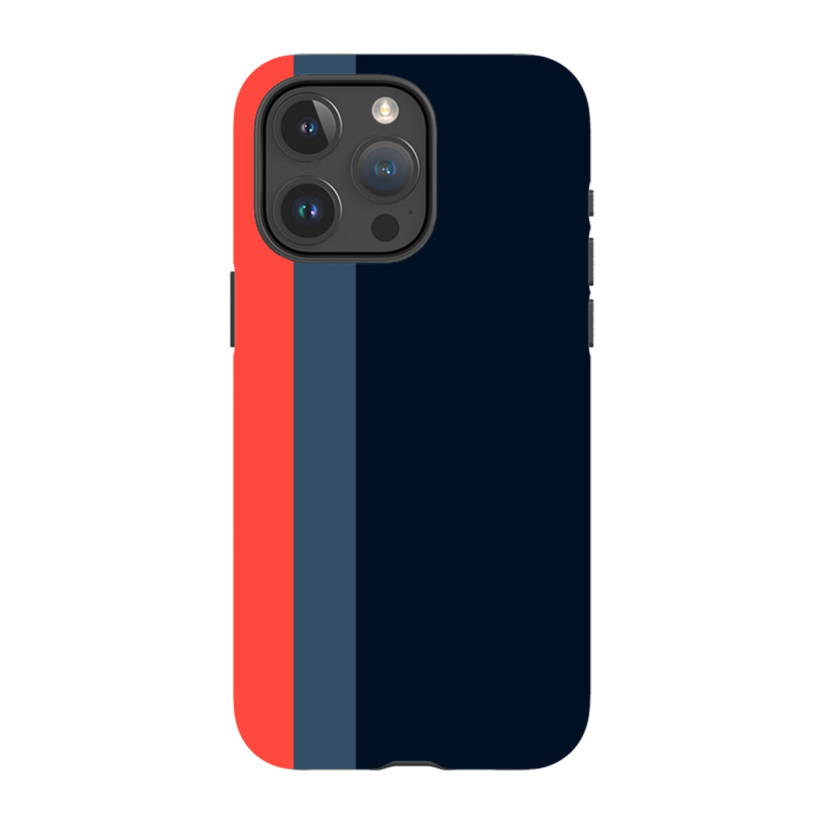 iPhone Tough Case in Chapel design featuring a vertical red, grey, and navy blue color-blocked pattern on a durable shell.