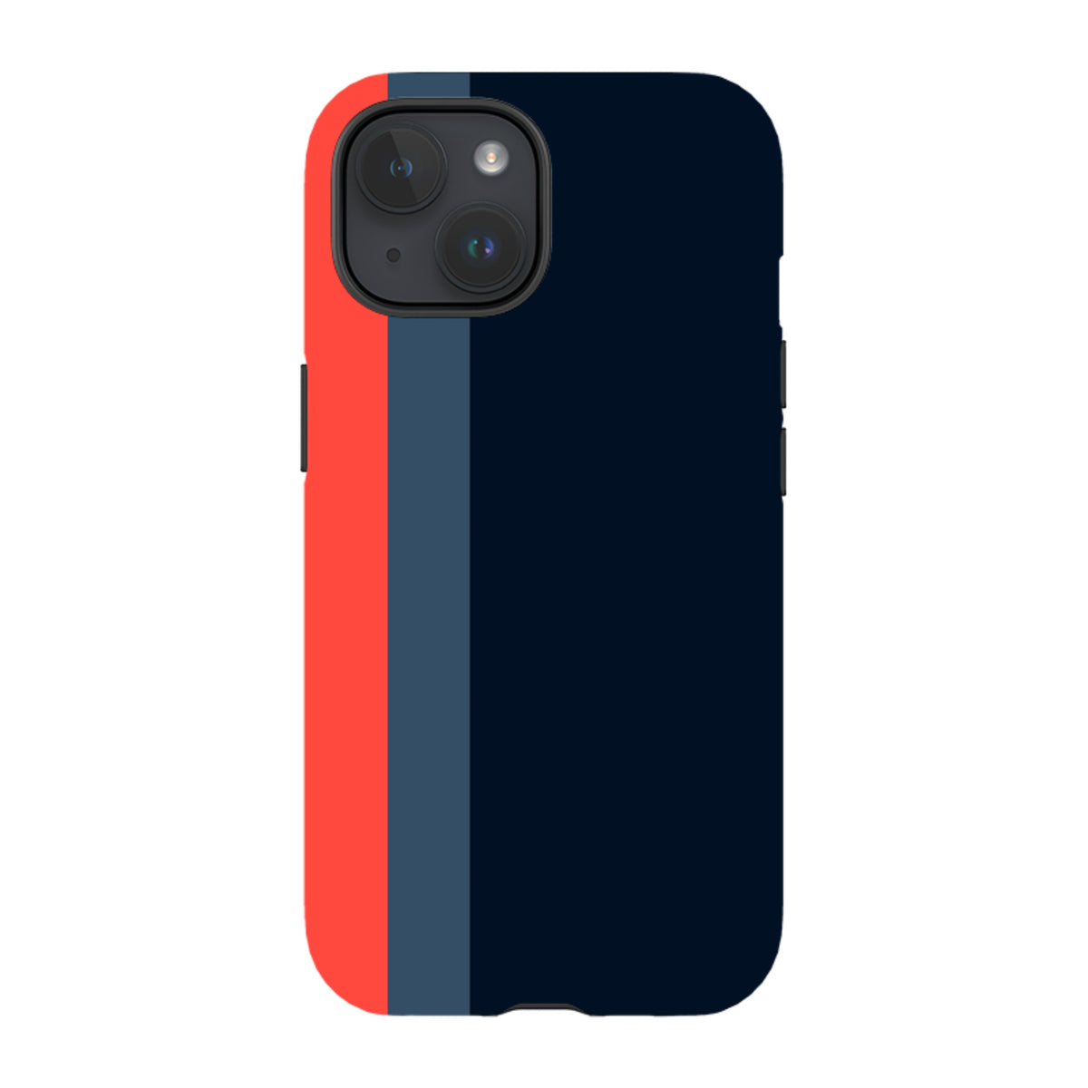 iPhone Tough Case in Chapel design featuring a navy blue, grey, and red vertical stripe pattern with dual-layer protection.