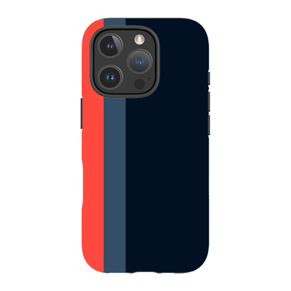 iPhone Tough Case in Chapel design featuring vertical red, grey, and navy stripes with a durable dual-layer construction.