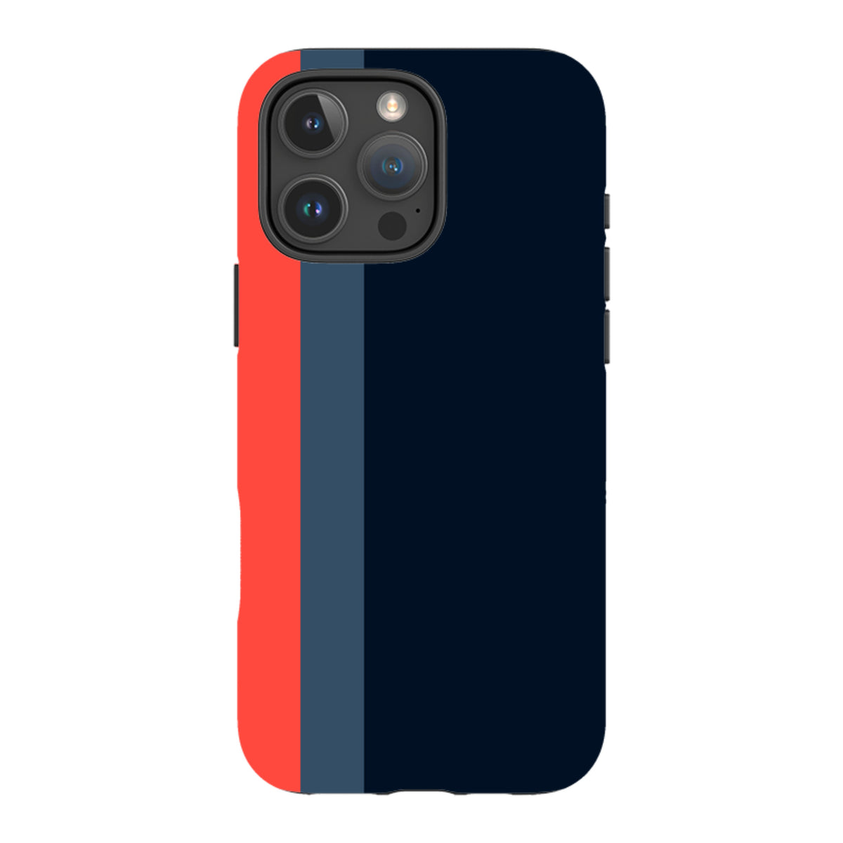 iPhone Tough Case in Chapel design featuring a navy blue, slate, and red vertical stripe pattern with dual-layer protection.
