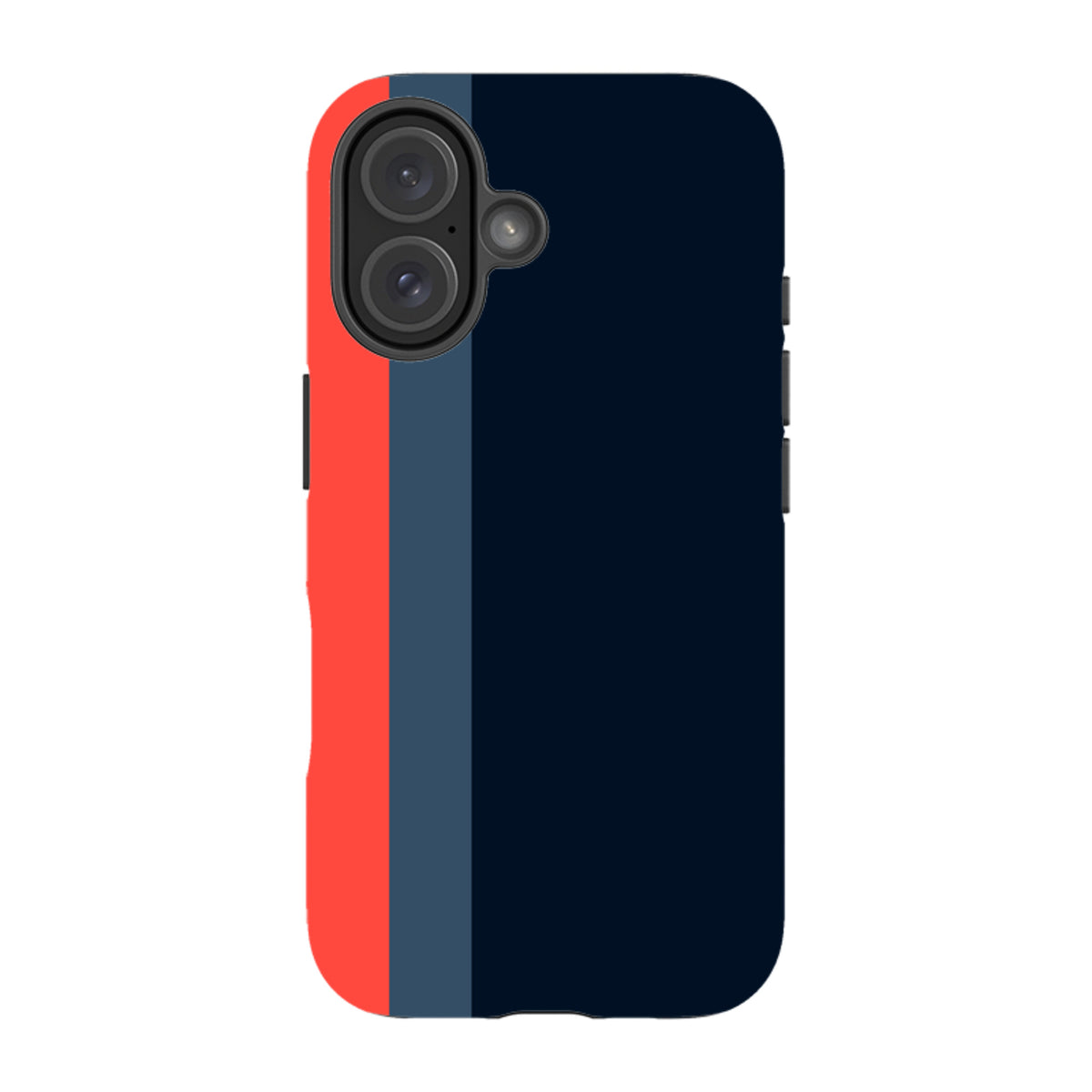 iPhone Tough Case in Chapel design featuring a navy, slate blue, and bright red vertical striped pattern.