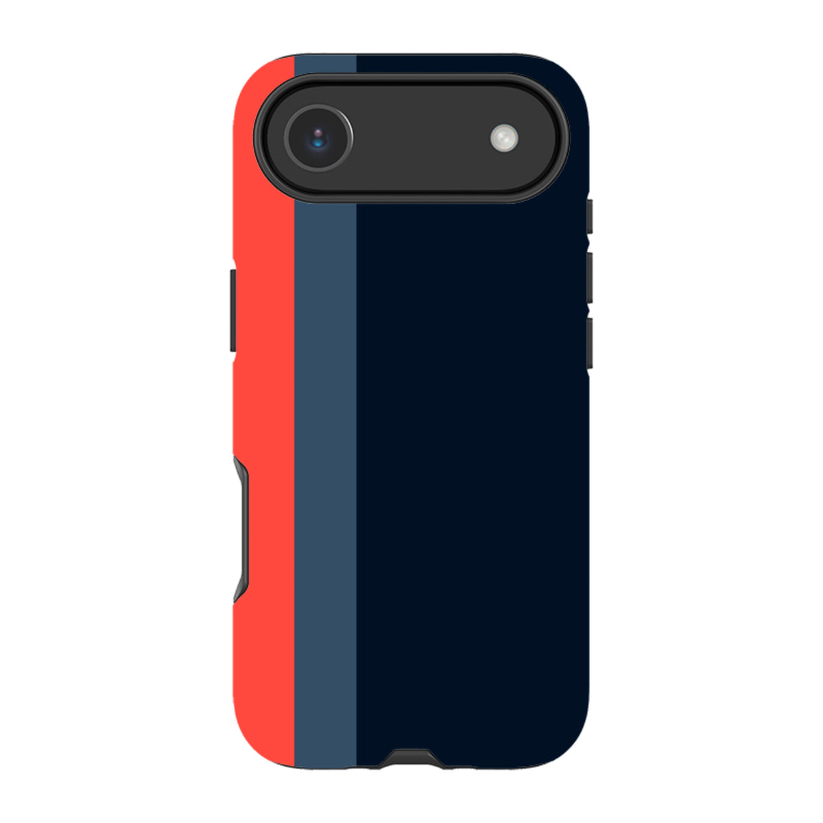 iPhone Tough Case in Chapel design featuring a vertical red, grey, and navy blue color-blocked pattern with dual-layer protection.
